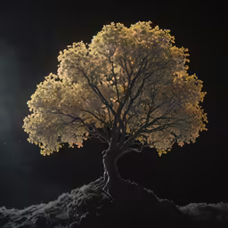 a tree stands upright in the dark, lit up by its branches