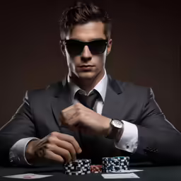 a man wearing sunglasses and playing cards in front of him