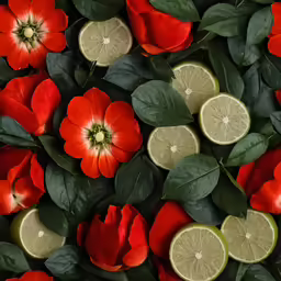 an image of fruits and flowers with leaves