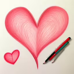 a drawing of a heart with pencils,a pink heart is shown in red and next to two pencils,a red heart on the paper, next to two sharp markers,there is a red pen and a drawing heart,pencils next to drawing heart shaped object with lines