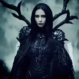 a woman wearing a black outfit with a bunch of horns