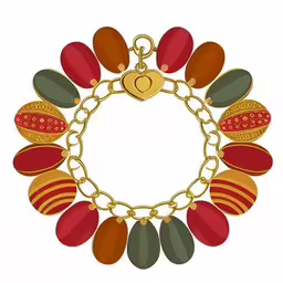 a gold necklace with multi colored leaves, heart, and a lock