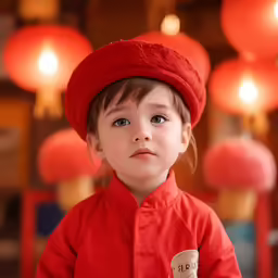 a close up of a child wearing a red hat and a red jacket