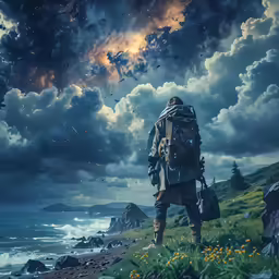 the person with his backpack is staring at a beautiful sky and some birds