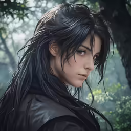 a woman with black hair standing in front of a forest