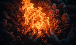 two hands reaching over a bunch of fire