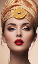 a woman wearing a head piece with fruit on top of it