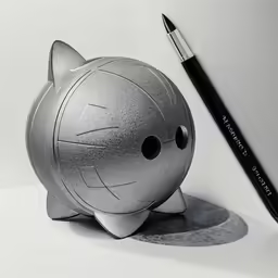 a silver cat sculpture on top of a white surface next to a black pencil