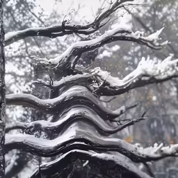 a group of trees covered in snow next to some woods