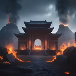 an oriental pagoda lit up at night with bright fire