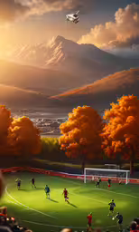 a painting of some soccer players on the field,a painting of soccer players are on the field during a match