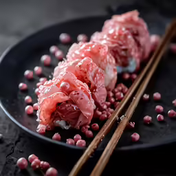 some sushi is being served with chop sticks