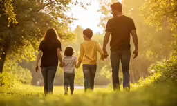 three adults, two children, one young child, are walking in a park