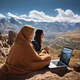 a couple of people sitting on top of a rock covered in a blanket