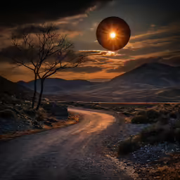 the sun is shining in the sky above a dirt road