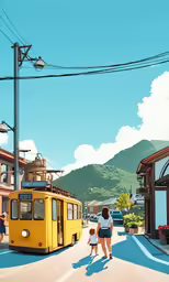 a city street with people and vehicles walking in it