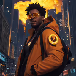 a black man wearing an orange jacket, with dark sunglasses, is staring towards the camera