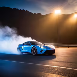 a sports car driving on a road surrounded by mist