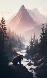 a bear sits on a rock and looks out at the mountain