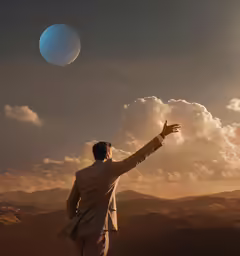 a man in a suit is reaching up to the sky