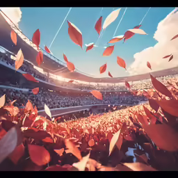 some red leaves blowing in front of the crowd