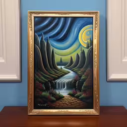 painting of waterfall with waterfall below and stars above,a painting of a waterfall near a forest in the night,painting on the wall of a room featuring a waterfall,a painting is displayed on a blue wall,a painting of a stream and some trees in a frame