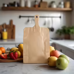 there are some fruit that is in front of the cutting board