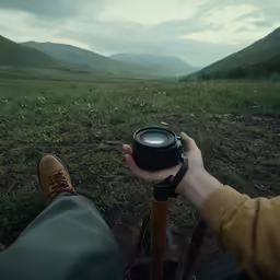 person holding camera in their hand while sitting at an outdoor table