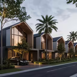 modern residential building with palm trees on either side