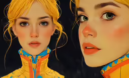 two painted portraits of two girls and one is blue and yellow