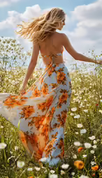 a woman is in a field with flowers