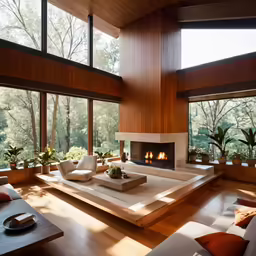 a room with a fire place surrounded by large windows