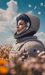 a woman wearing a helmet and looking into the distance in a field with many wildflowers