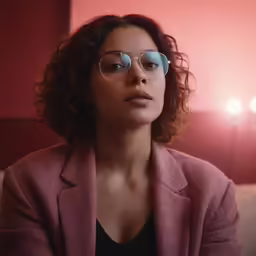 a woman sitting down wearing glasses next to a red wall