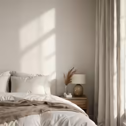a bed sitting between two tables with lamps and curtains