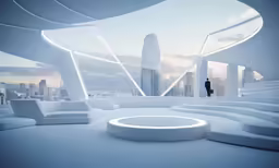 a man looks out over the futuristic architecture