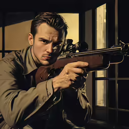 a man with a rifle standing in front of a window