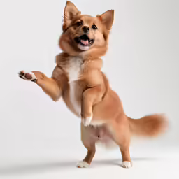 a little dog is standing on its hind legs