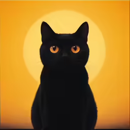 black cat sitting in front of a yellow sunset with orange and white clouds