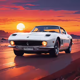 a white classic car driving down the beach towards a sunset,a mustang sitting on the road in front of the sunset