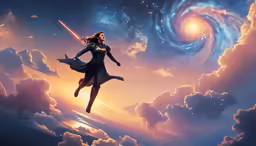 a girl with a sword is flying through the air