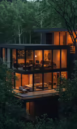 a glassy house is illuminated up by trees