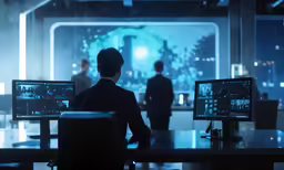 two monitors on a table with some people in the background