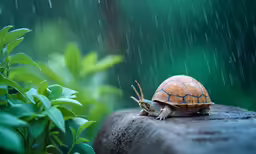 an animal sitting on top of a rock next to plants