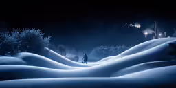 there is a man standing in the snow at night