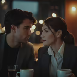 a man and woman are talking while holding cups