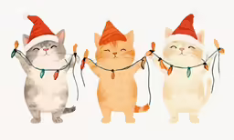 three cats wearing christmas hats standing side by side