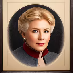 an older woman is shown as she is wearing a red collar