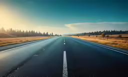 the sun shining down on an empty road