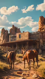 two horses standing next to each other on a dirt road